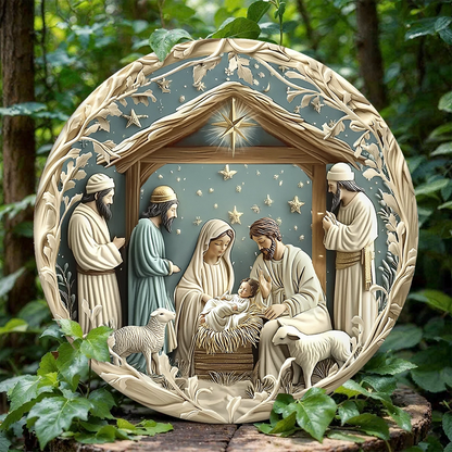 Shineful 2D Wooden Plaque, Hanging Decor, Door Sign - Starry Night Adoration Nativity