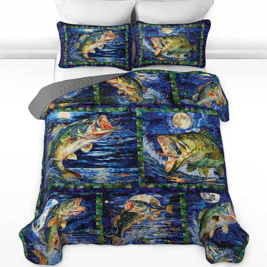 Shineful All Season Quilt 3-Piece Set Vigorous Largemouth Bass On The Moon