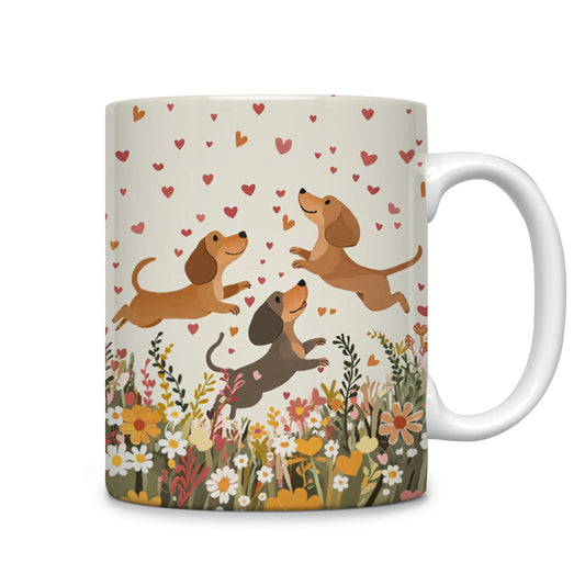 Tasse en céramique brillante motif teckel floral avec cœur