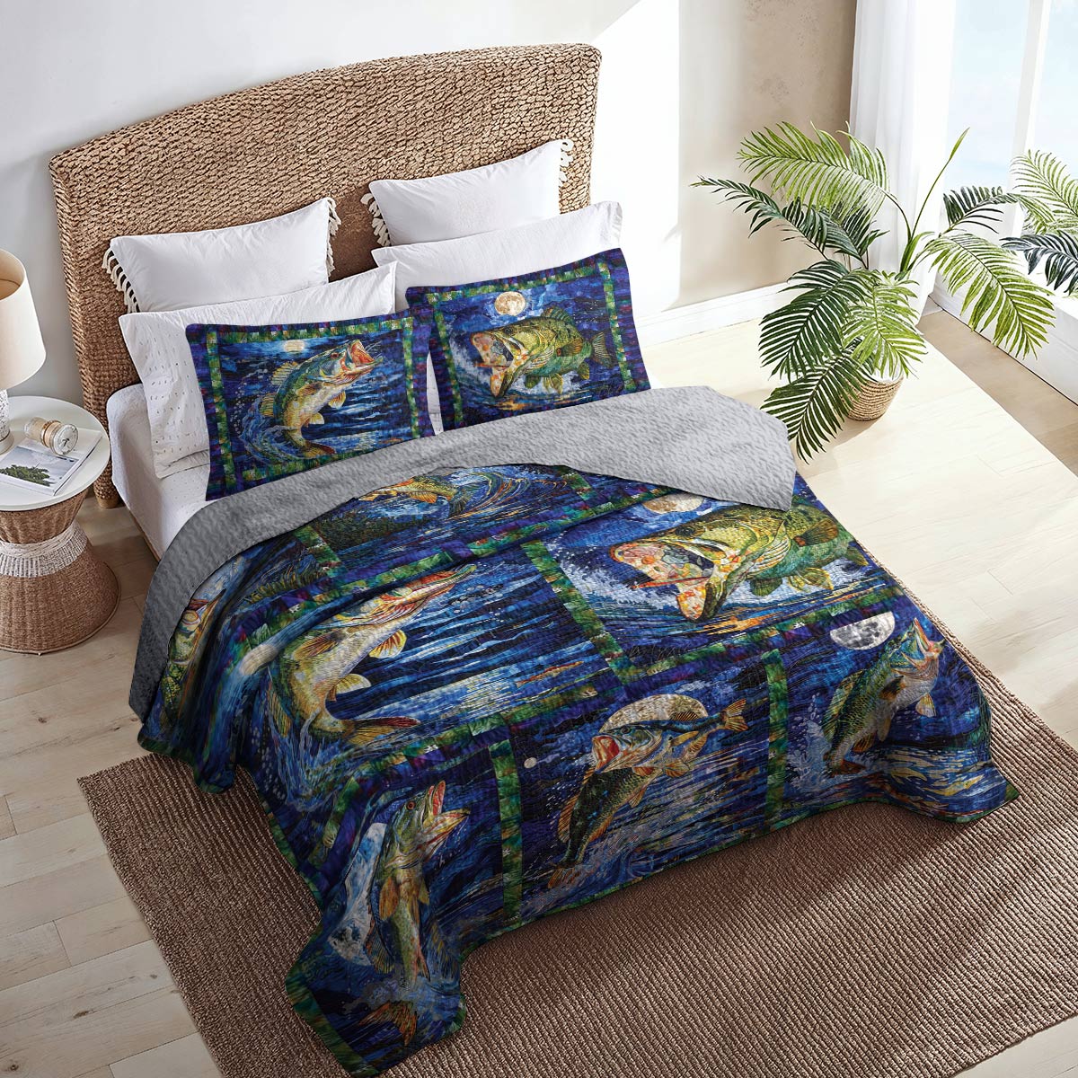 Shineful All Season Quilt 3-Piece Set Vigorous Largemouth Bass On The Moon