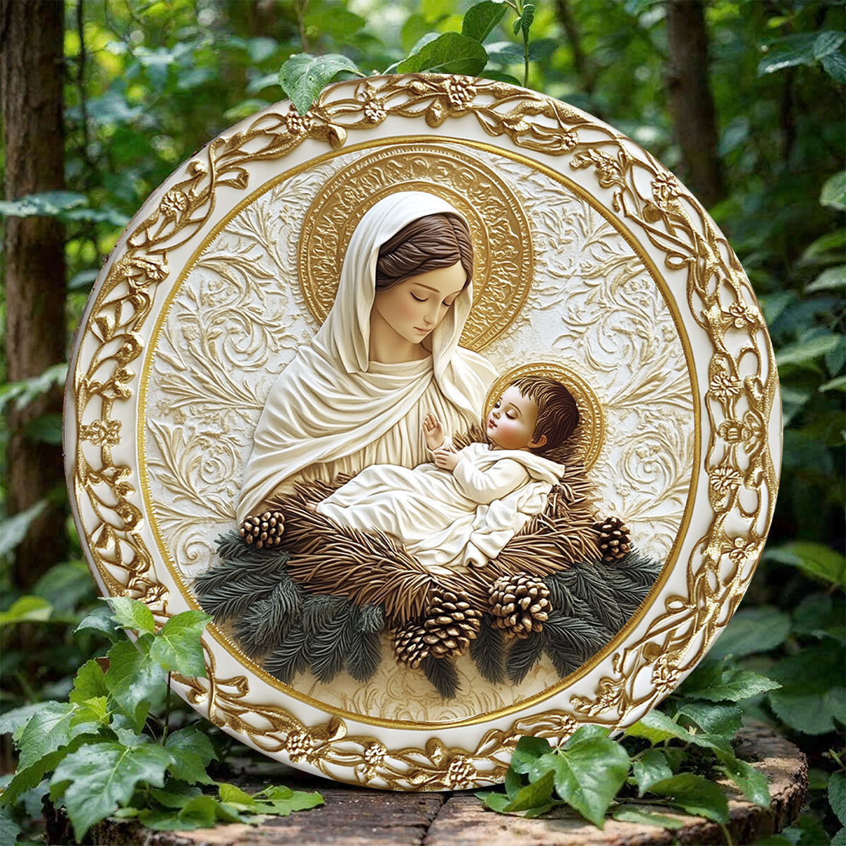 Shineful 2D Wooden Plaque, Hanging Decor, Door Sign - Mother’s Embrace Mary & Jesus