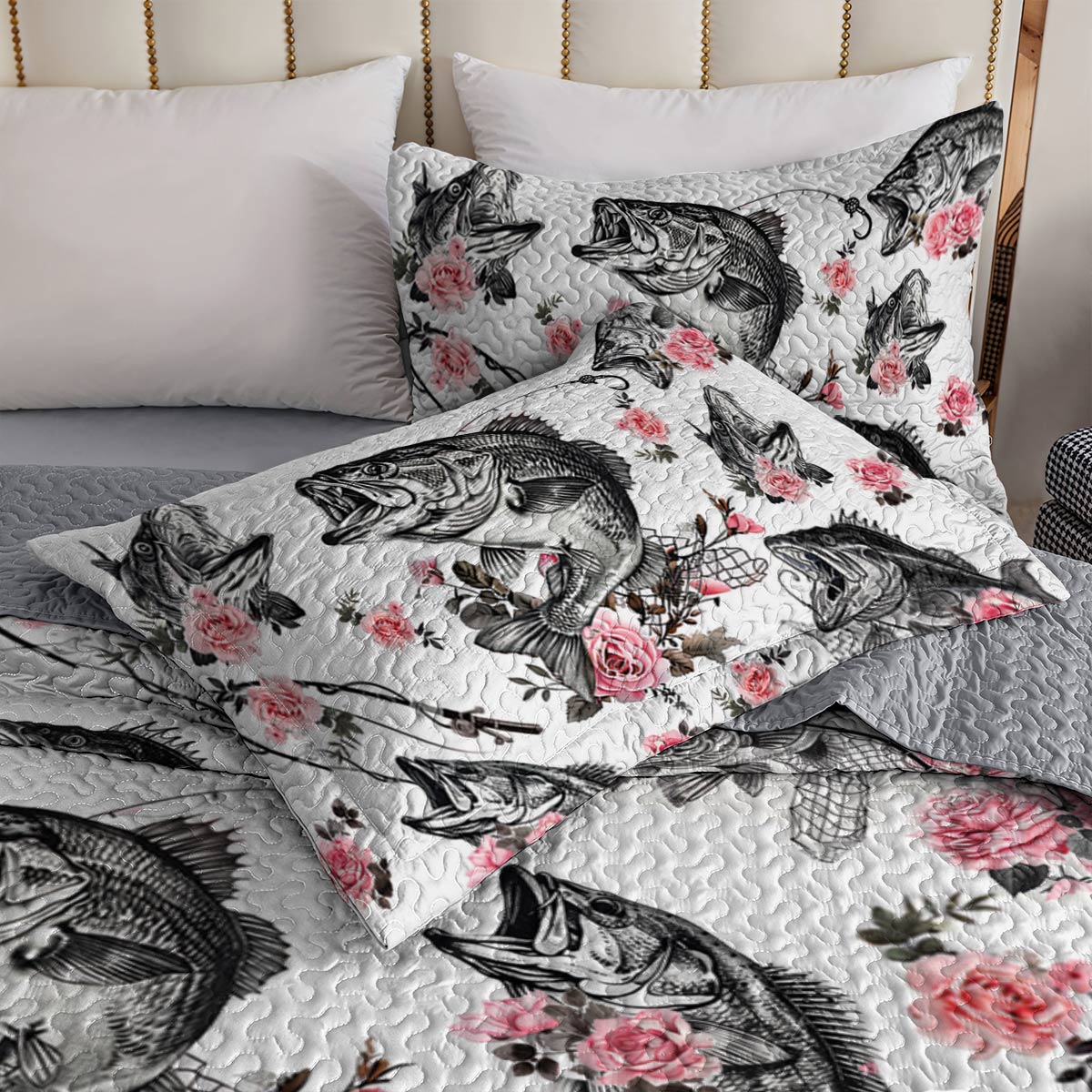 Shineful All Season Quilt 3-Piece Set Gentle Roses Largemouth Bass