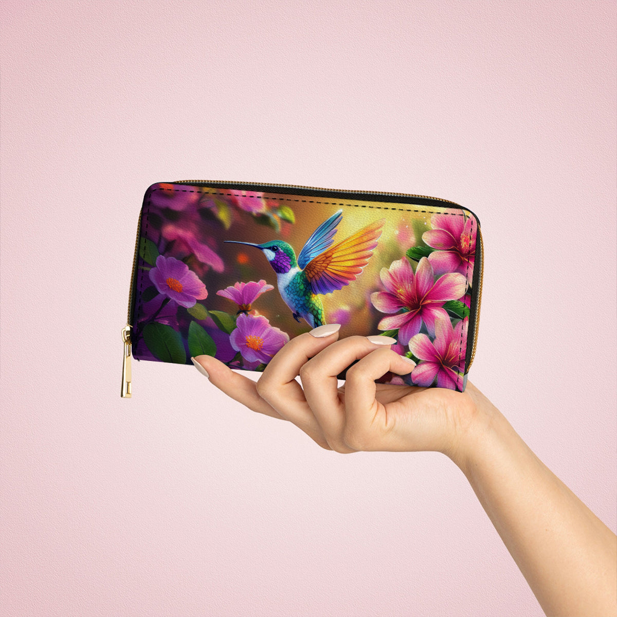 Shineful Leather Clutch Purse With Wristlet Strap Handle Enchanted Hummingbird