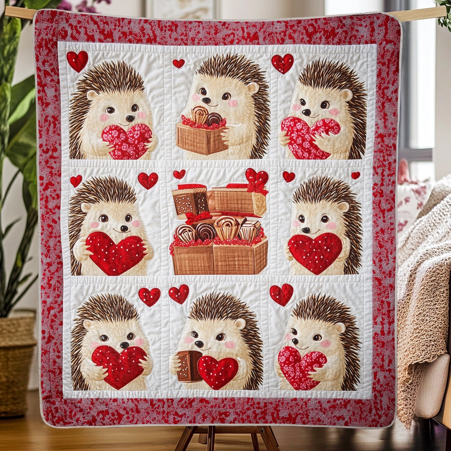 Shineful Flat Print Faux Quilt Blanket - Adorable Hedgehogs Sharing Valentine Sweets and Love