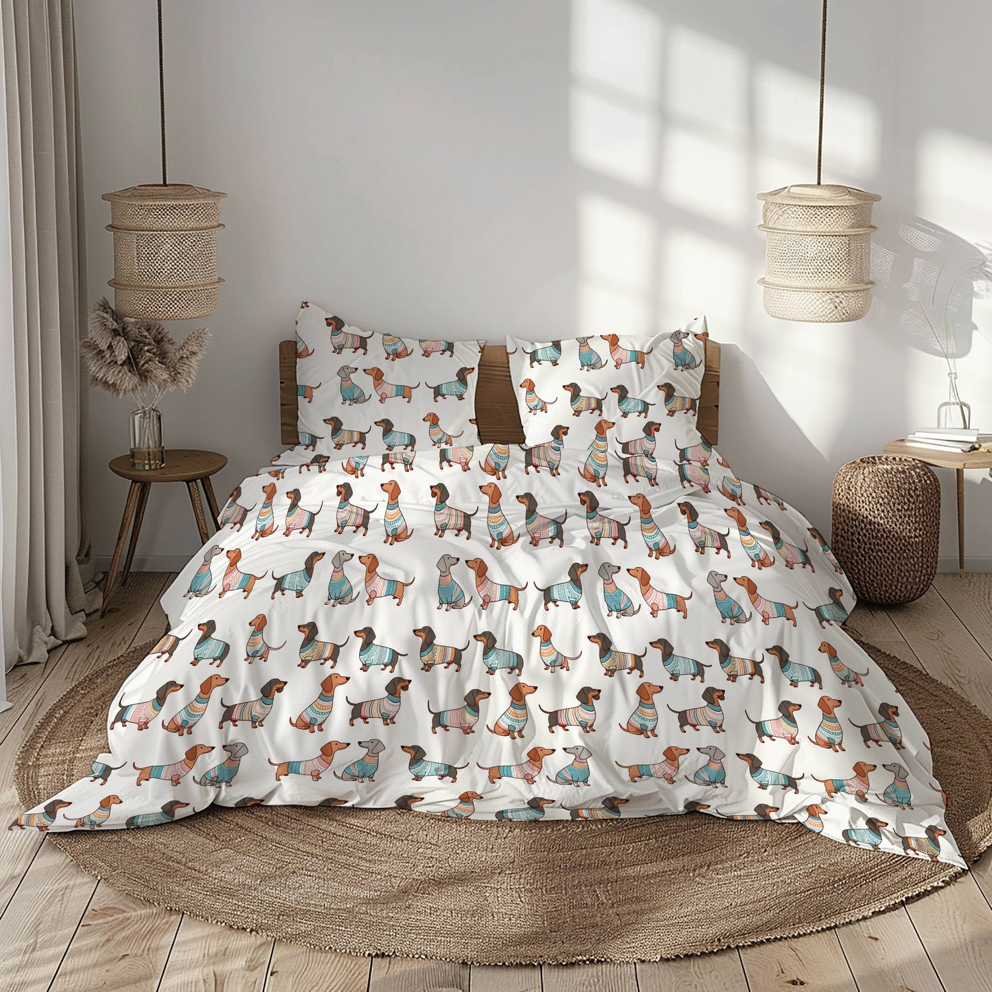 Shineful 3 Pieces Duvet Cover Set Playful Dachshunds