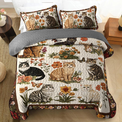 Shineful All Season Quilt 3-Piece Set Cat Floral Heaven