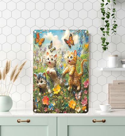 Shineful 2D Flat Print Metal Sign Cute Cats In Flowers Garden