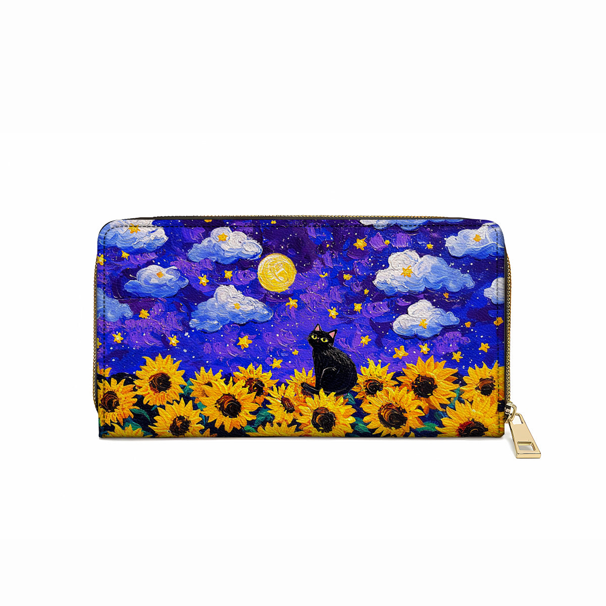 Shineful Leather Clutch Purse With Wristlet Strap Handle Starry Cat With Sunflower