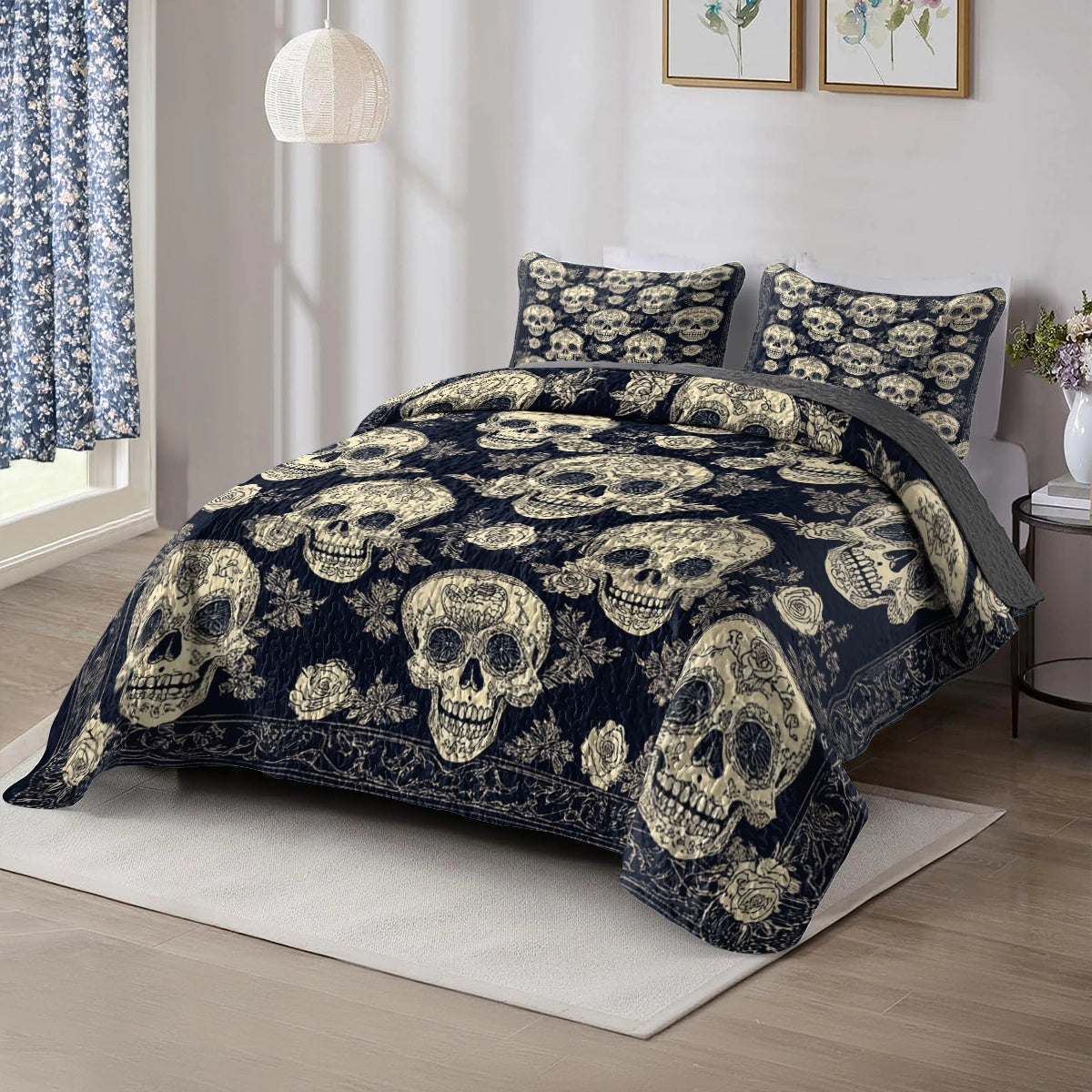 Shineful All Season Quilt 3-Piece Set - Midnight Skull and Roses