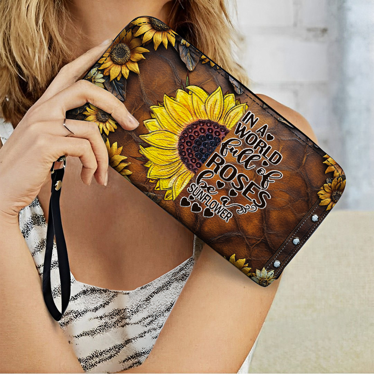 Shineful Leather Clutch Purse With Wristlet Strap Handle Sunflower Elegance