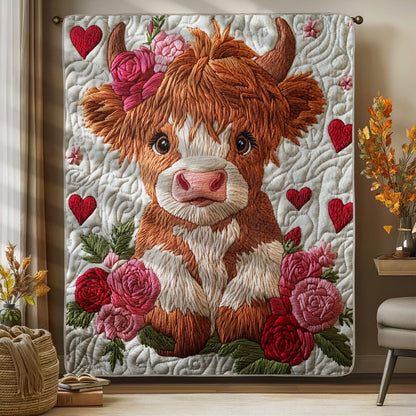 Shineful Flat Print Faux Quilt Blanket -  Adorable Highland Cow with Floral Charm and Love Hearts