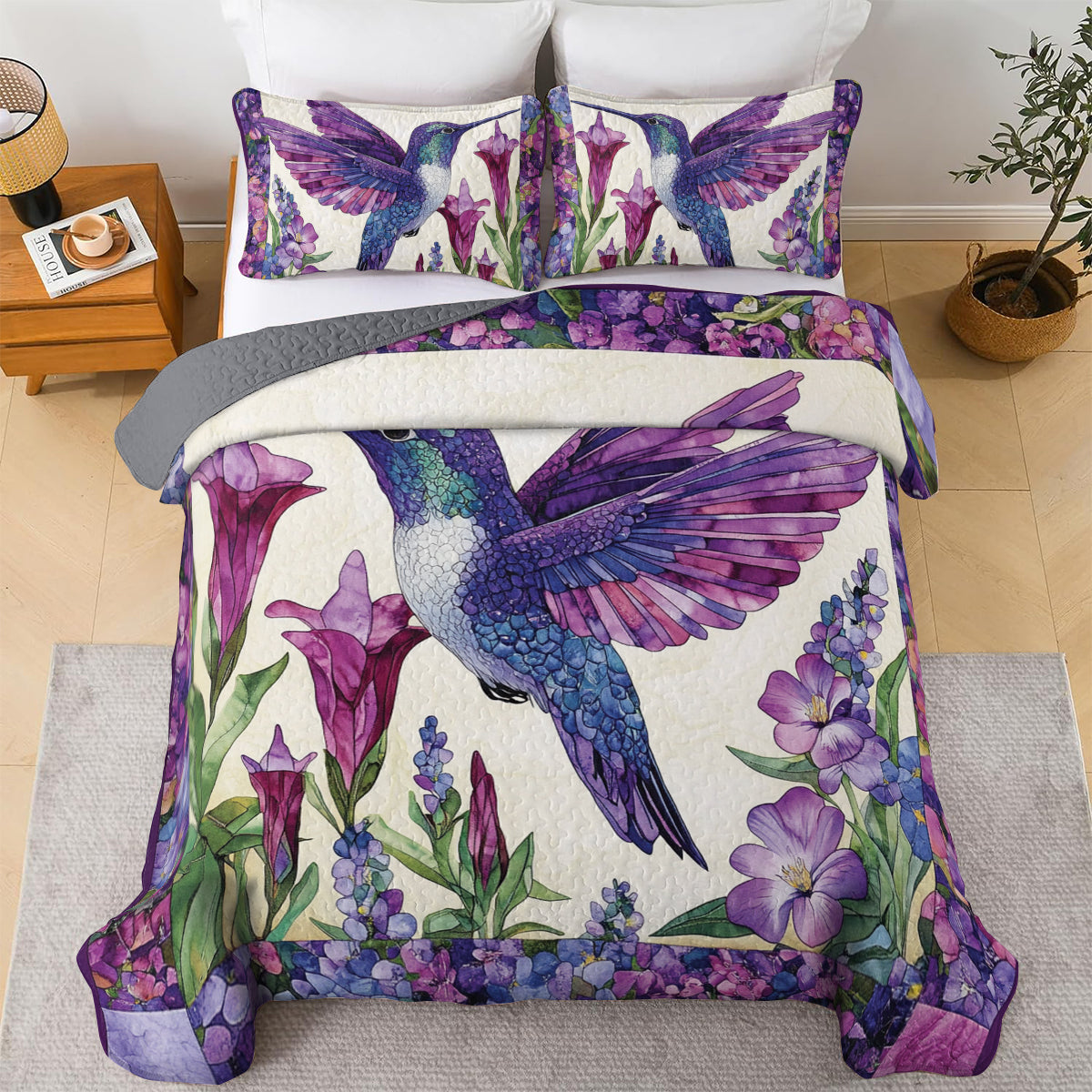 Shineful All Season Quilt 3-teiliges Set mit Blumenmuster, Kolibri 