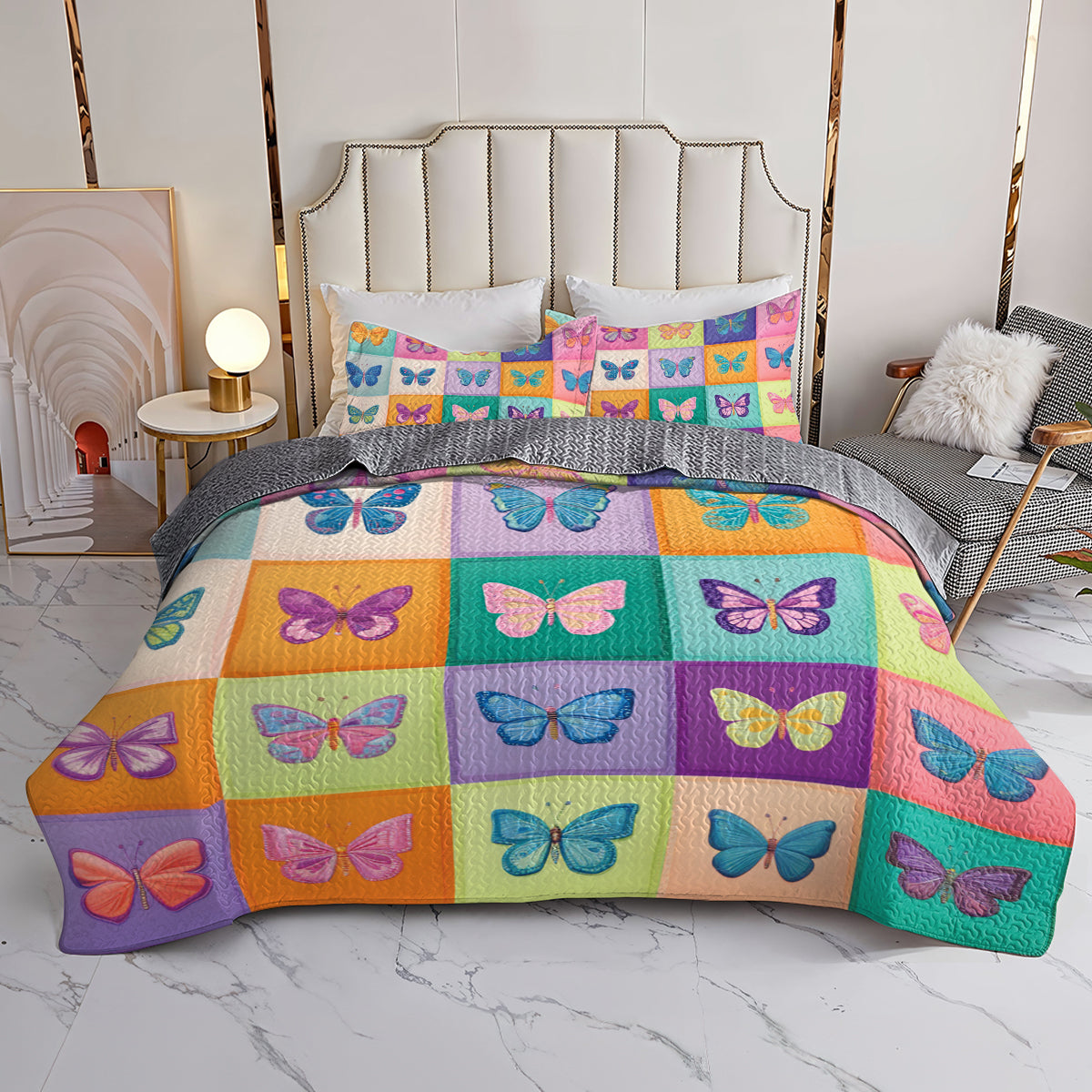 Shineful All Season Quilt 3-teiliges Set Bunte Schmetterlingskunst