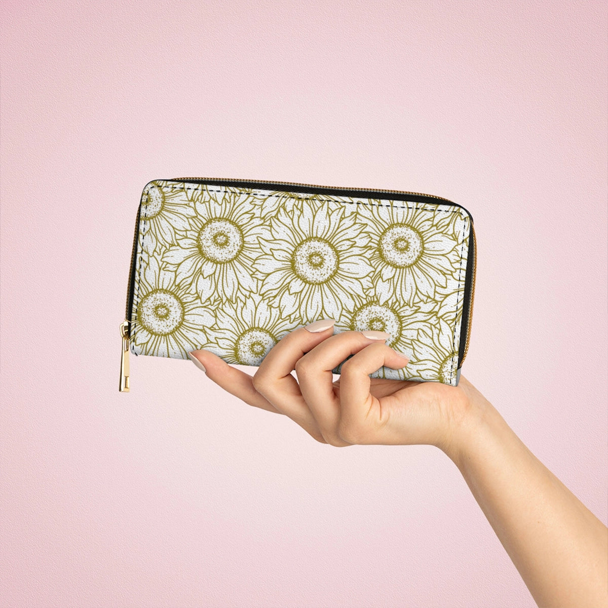 Shineful Leather Clutch Purse With Wristlet Strap Handle Golden Sunflower Grace