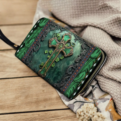 Shineful Leather Clutch Purse With Wristlet Strap Handle Emerald Faith