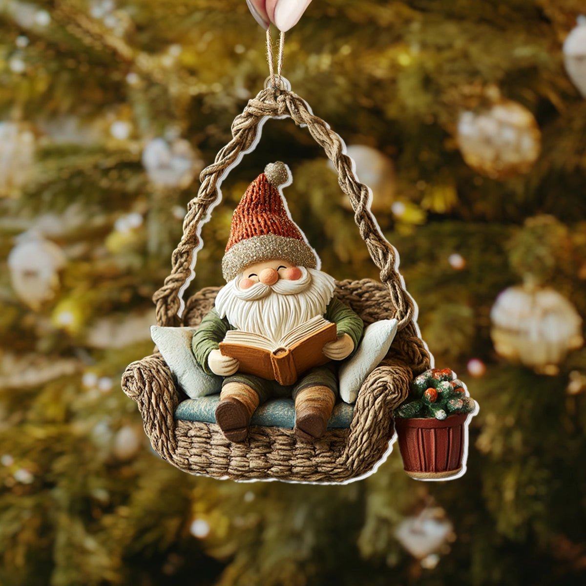 Glänzendes 2D-Acryl-Ornament „Gnome's Reading Nook“