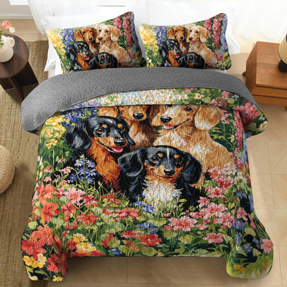 Shineful All Season Quilt 3-Piece Set Spring Floral Dachshund