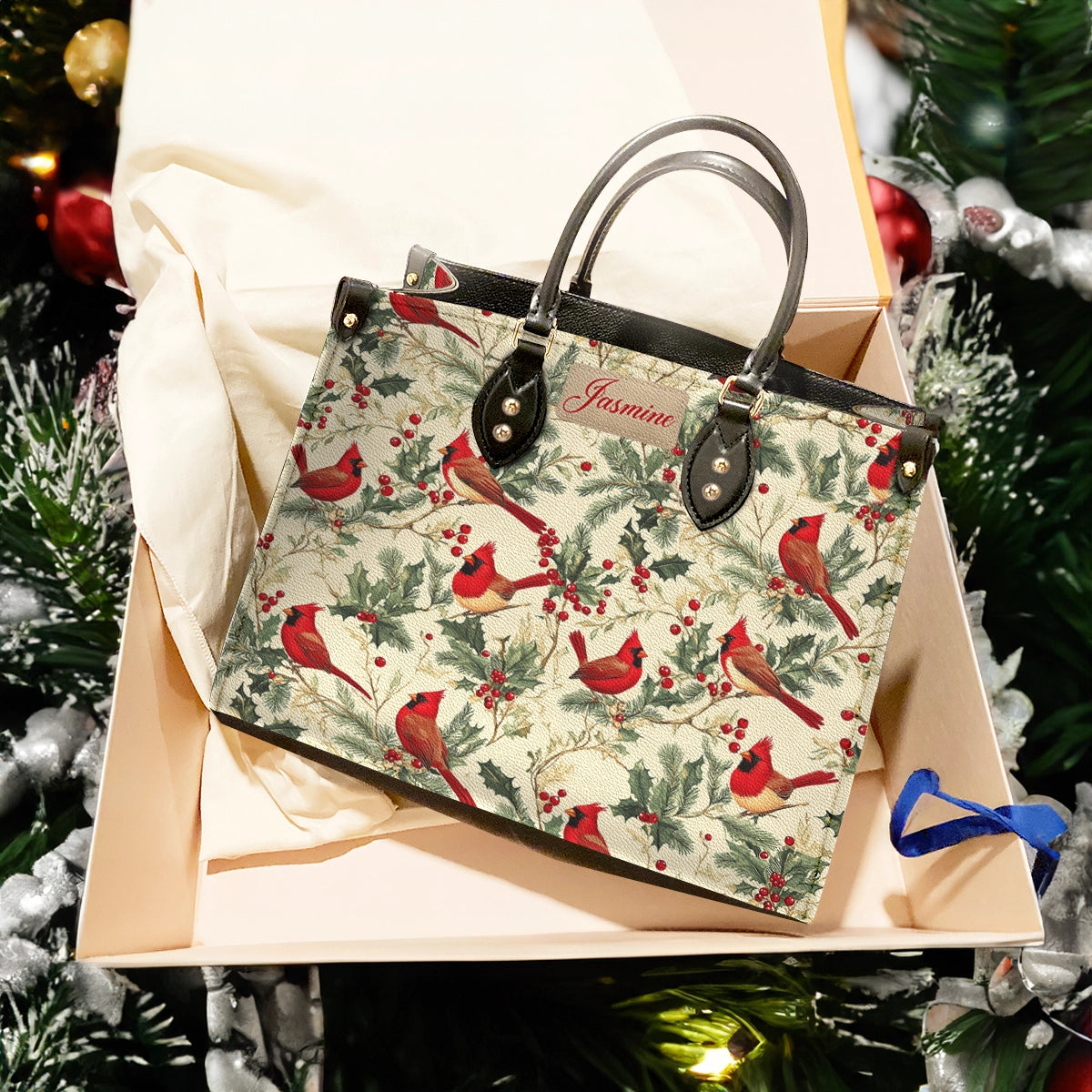 Glänzende Ledertasche Personalisiert Winter Cardinal Harmony