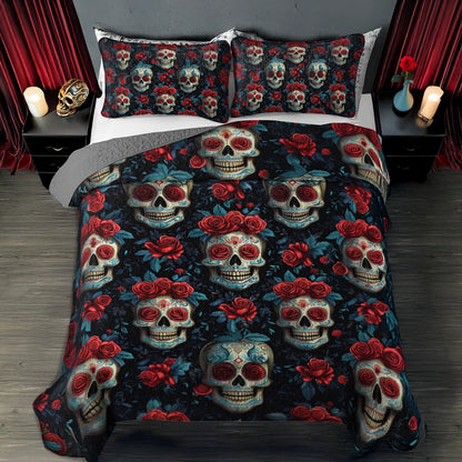 Shineful All Season Quilt 3-Piece Set - Sugar Skull & Roses Noir