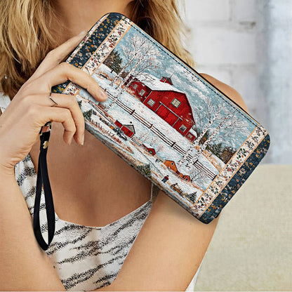 Shineful Leather Clutch Purse With Wristlet Strap Handle Red Barn Christmas