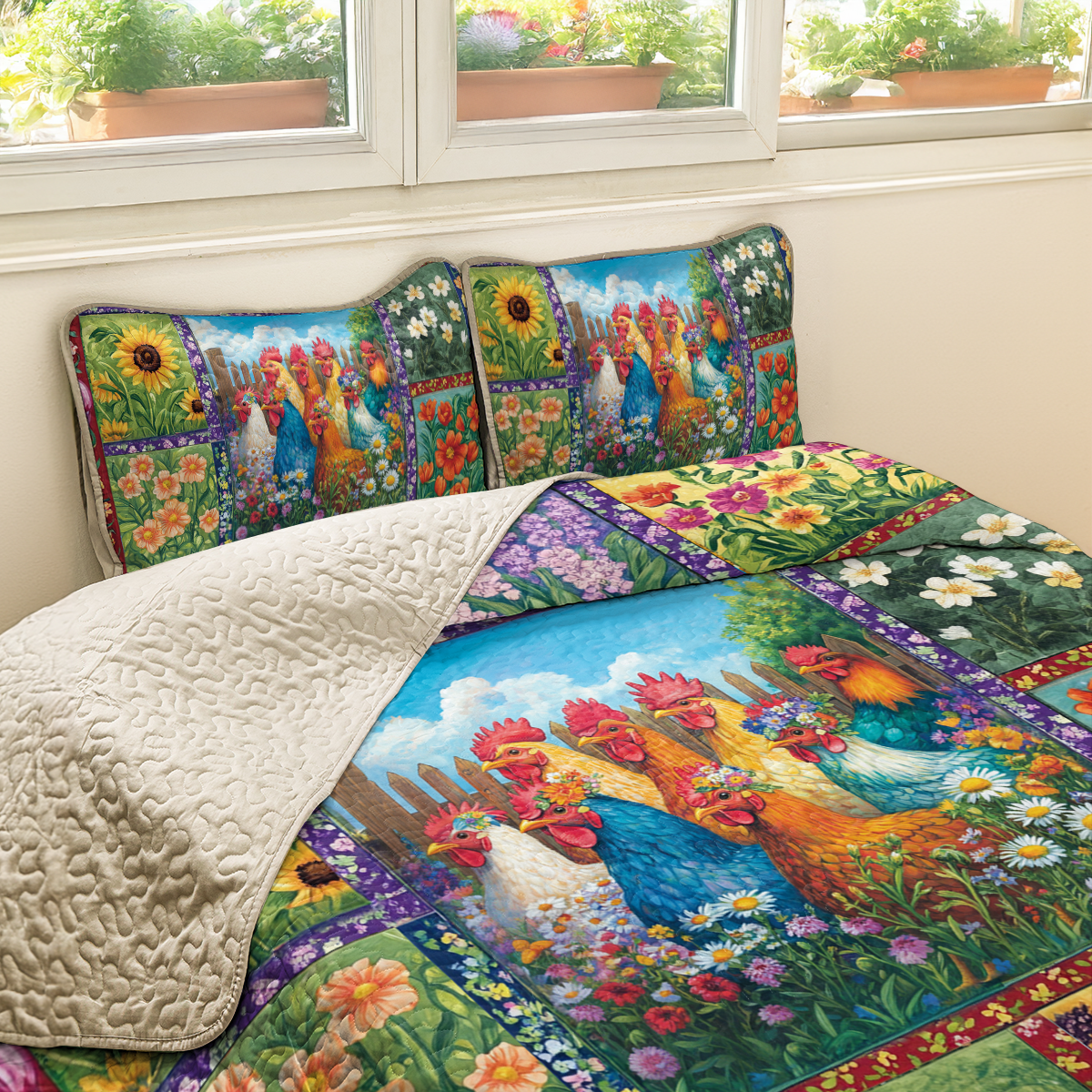 Shineful All Season Quilt 3-Piece Set Chickens in Bloom