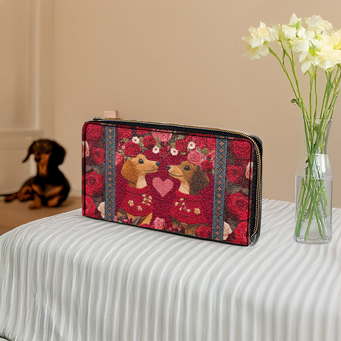 Shineful Leather Clutch Purse With Wristlet Strap Handle Heart Floral Dachshund Couple