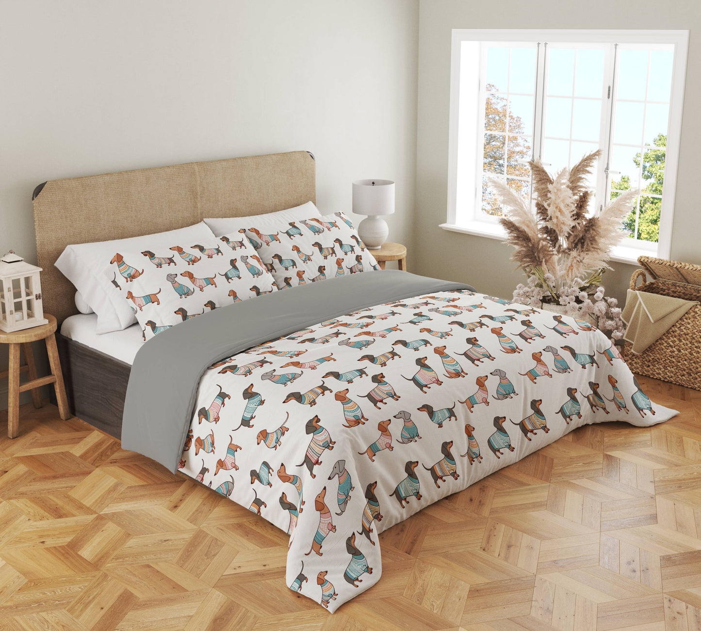 Shineful 3 Pieces Duvet Cover Set Playful Dachshunds