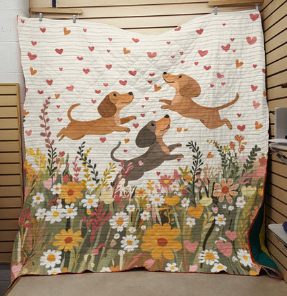 Shineful Flat Print Faux Quilt Blanket Floral Dachshund With Heart