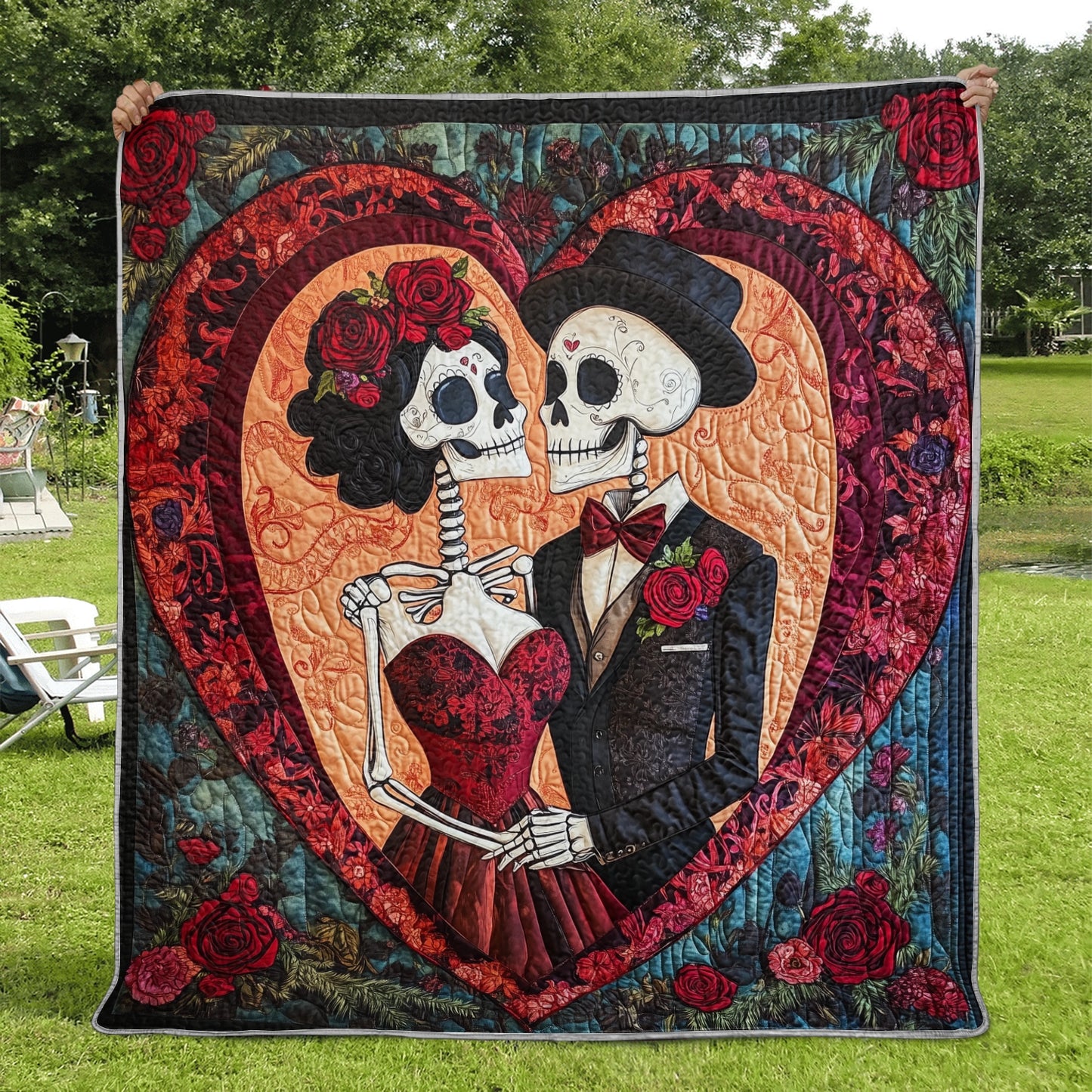 Shineful Flat Print Faux Quilt Blanket - Eternal Love in Day of the Dead Quilt Masterpiece