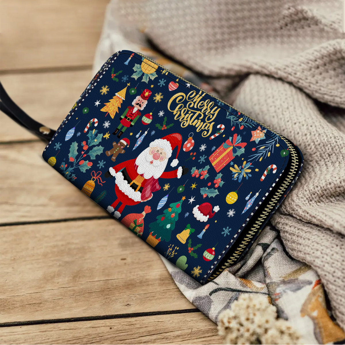 Shineful Leather Clutch Purse With Wristlet Strap Handle Christmas Festive Cheer