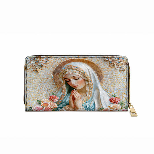 Pochette en cuir brillant avec dragonne et poignée Sérénité gracieuse Vierge Marie