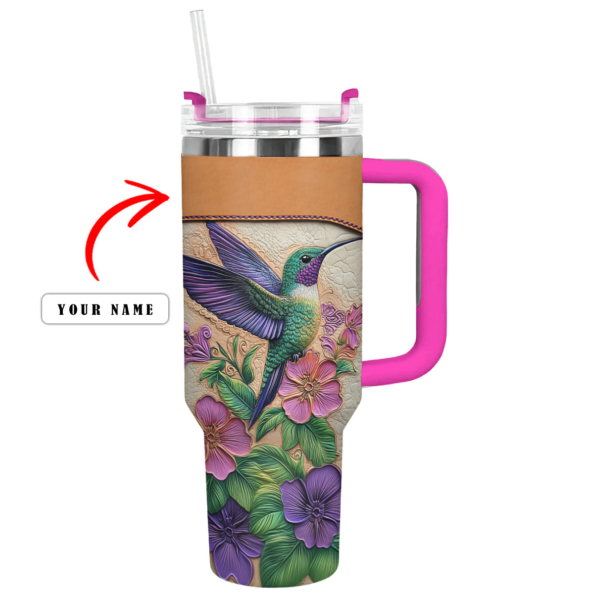 Shiny personalisierter Trinkbecher aus Leder mit Blumenmotiv „Kolibri“