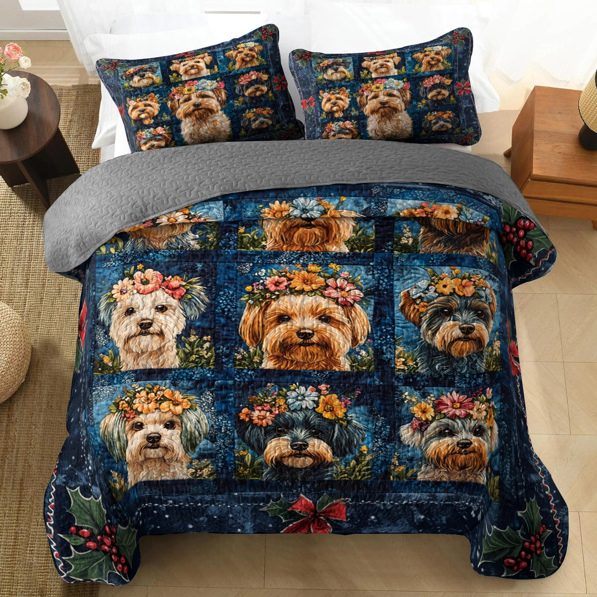 Shineful All Season Quilt 3-Piece Set - Yorkie Floral Dreams