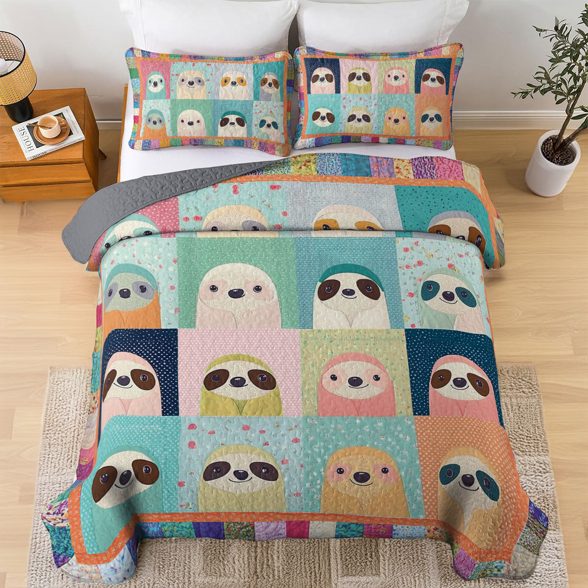 Shineful All Season Quilt 3-Piece Set Colorful Sloth Bliss