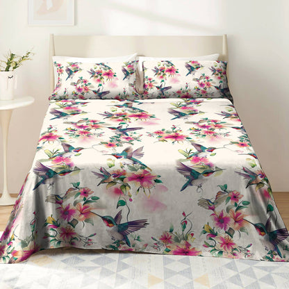 Shineful 4-Piece Bed Sheet Set Floral Hummingbirds