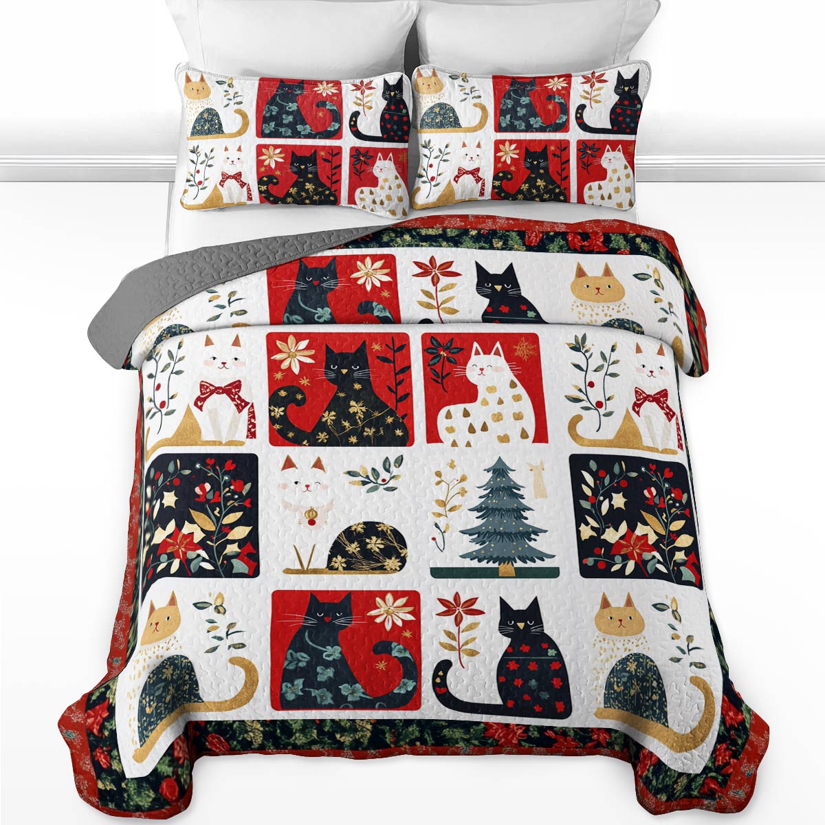 Shineful All Season Quilt 3-Piece Set Charming Christmas Cats