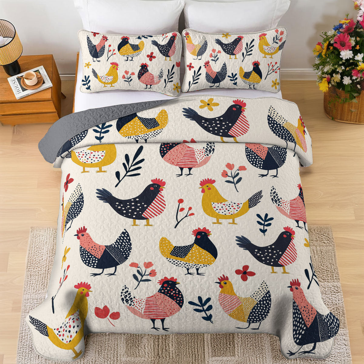 Shineful All Season Quilt 3-Piece Set Chicken Funny Happy