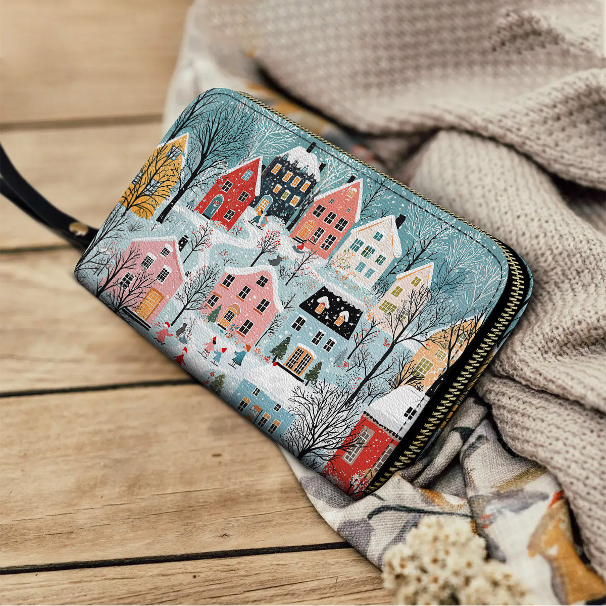 Shineful Leather Clutch Purse With Wristlet Strap Handle Christmas Winter Wonderland