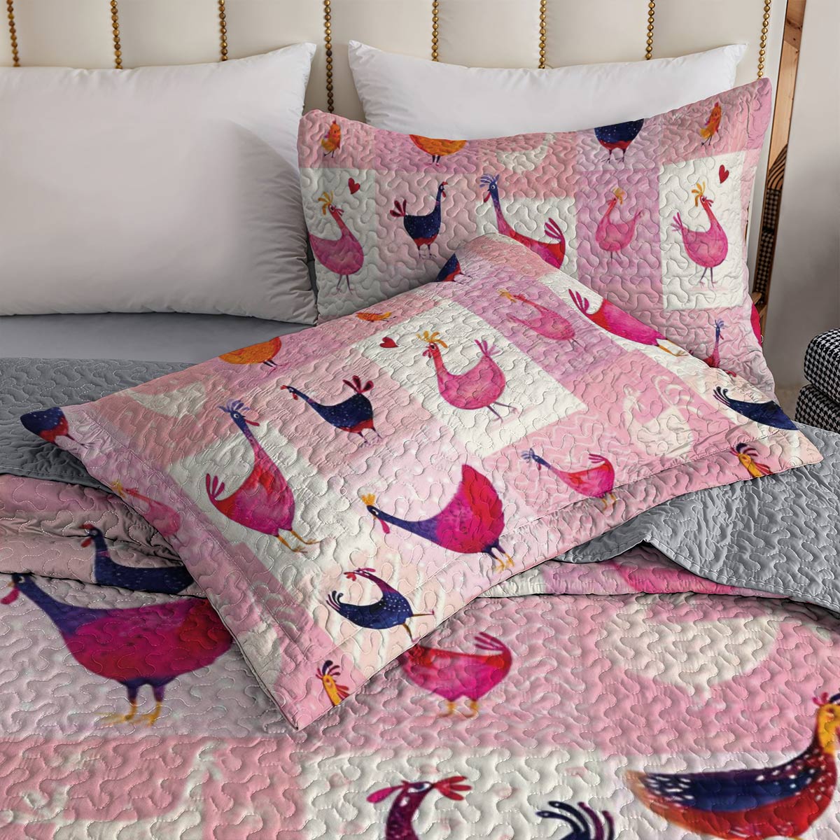 Shineful All Season Quilt 3-Piece Set Pink Chickens