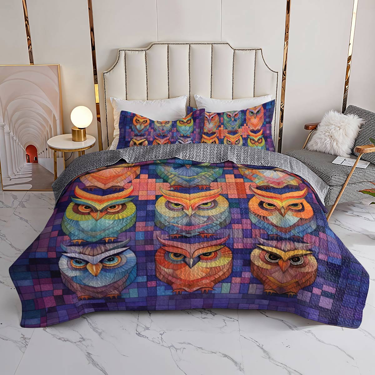 Shineful All Season Quilt 3-Piece Set Owl Patchwork