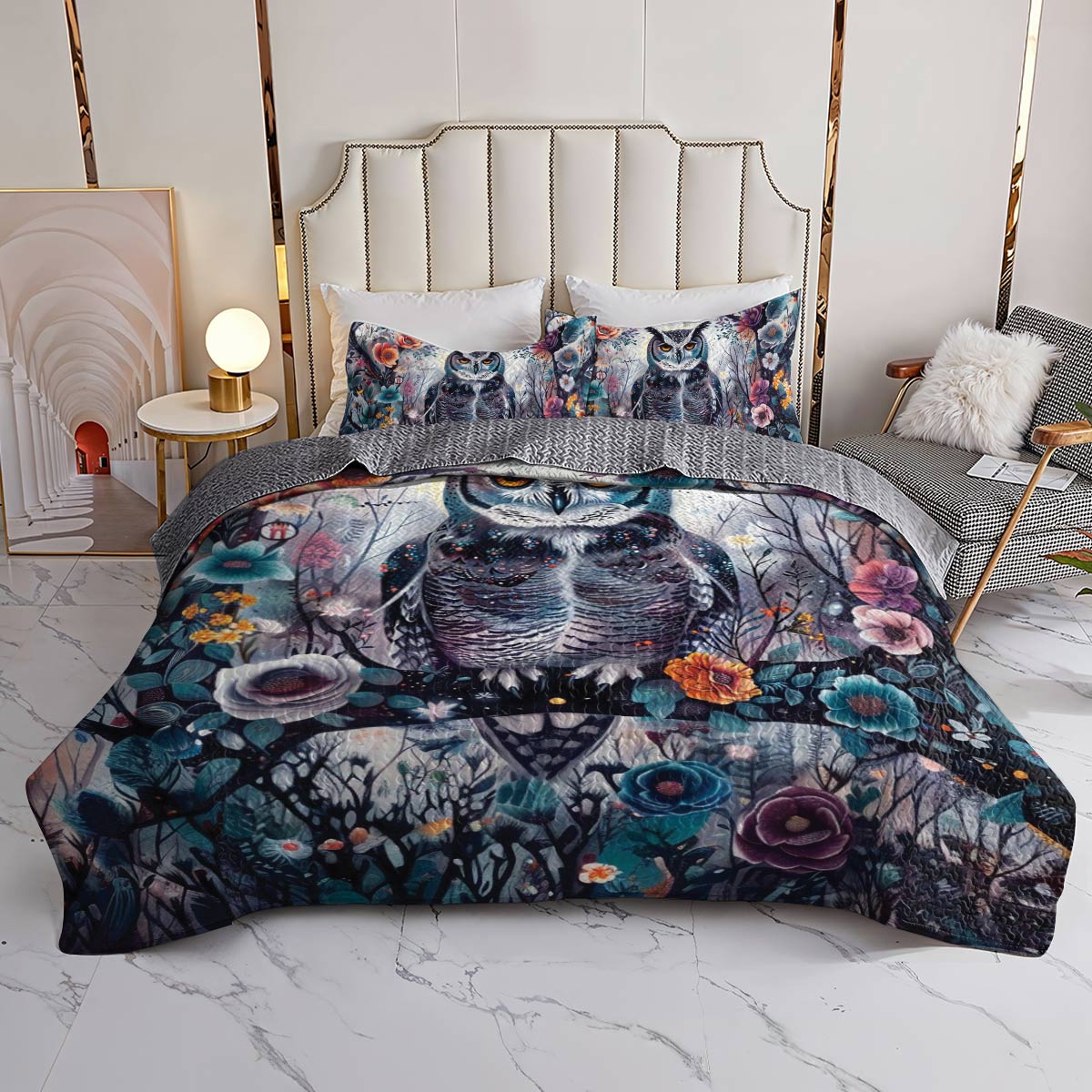 Shineful All Season Quilt 3-Piece Set Floral Owl