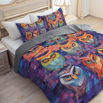 Shineful All Season Quilt 3-Piece Set Owl Patchwork