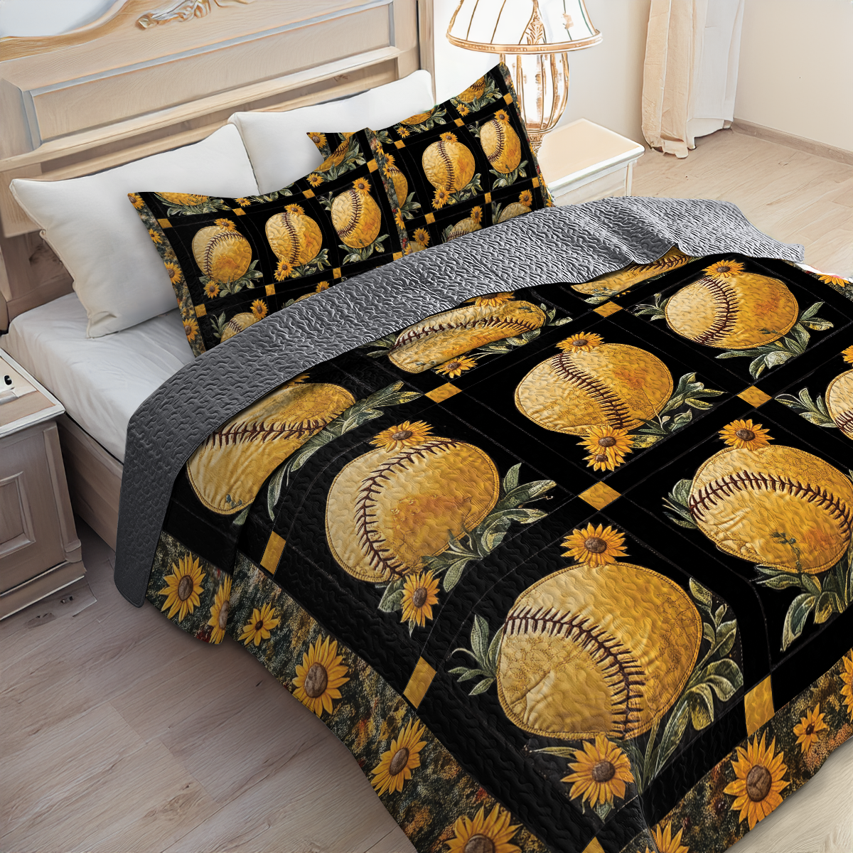 Shineful All Season Quilt 3-Piece Set - Golden Fields & Softballs