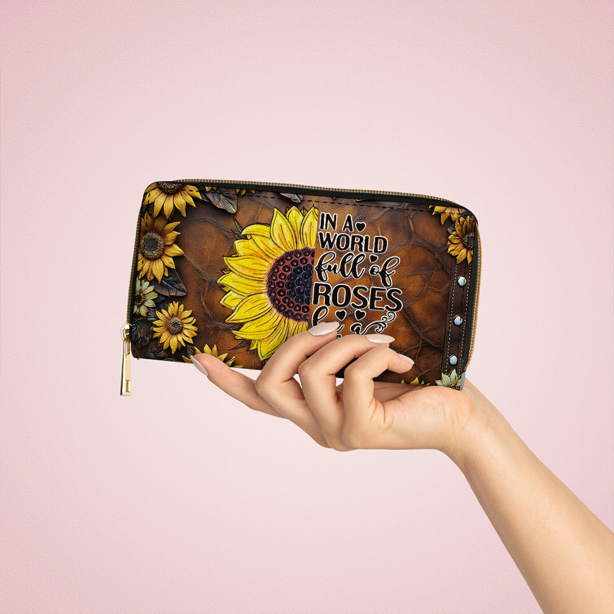 Shineful Leather Clutch Purse With Wristlet Strap Handle Sunflower Elegance