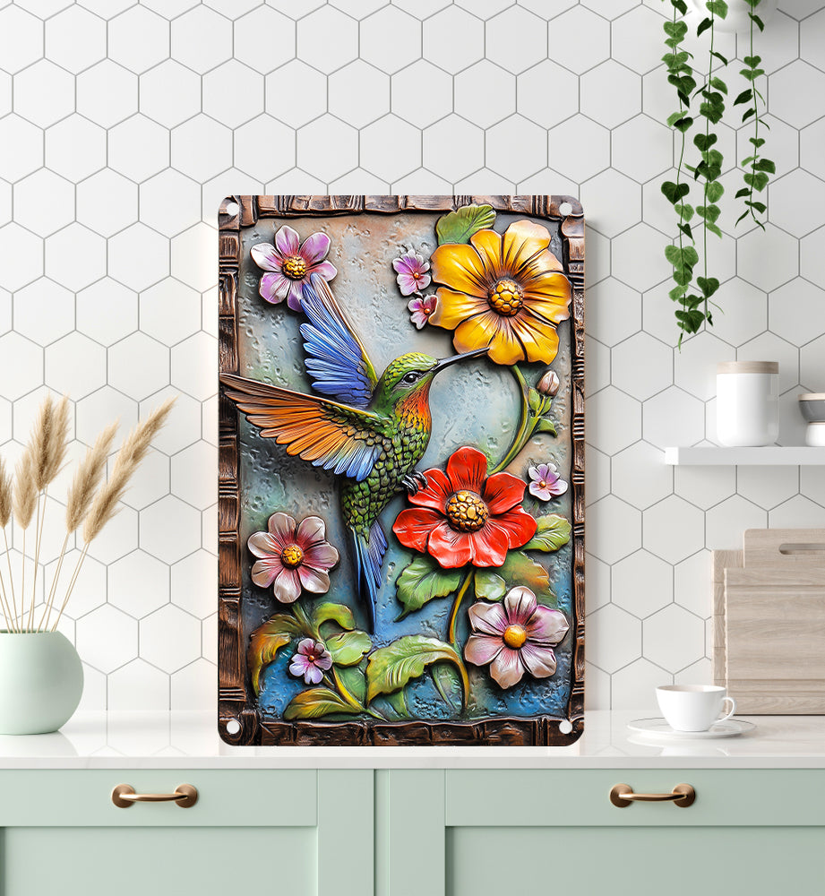 Shineful 2D Metal Sign Vibrant Floral Hummingbird