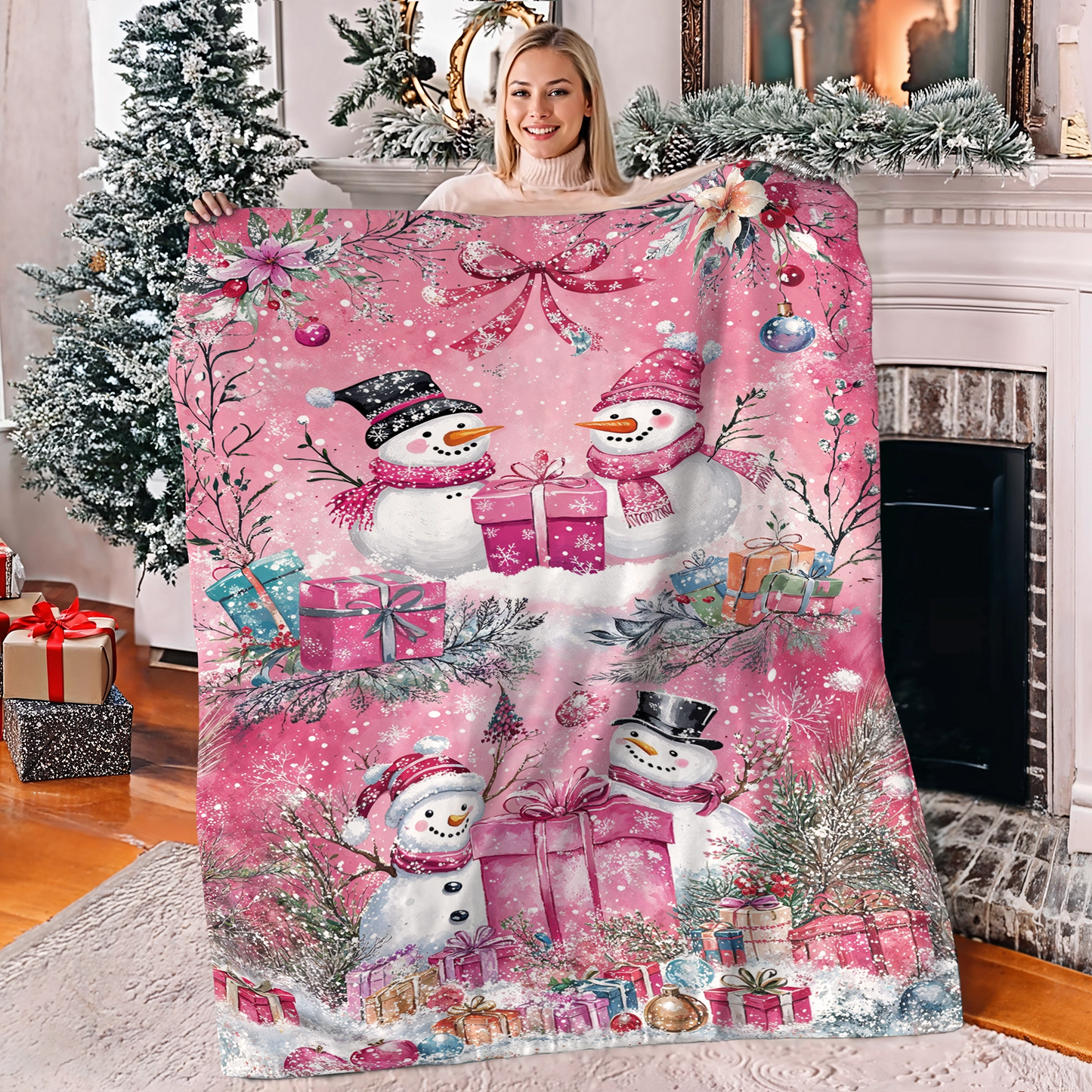 Shineful Fleece Blanket Pink Snowman Christmas