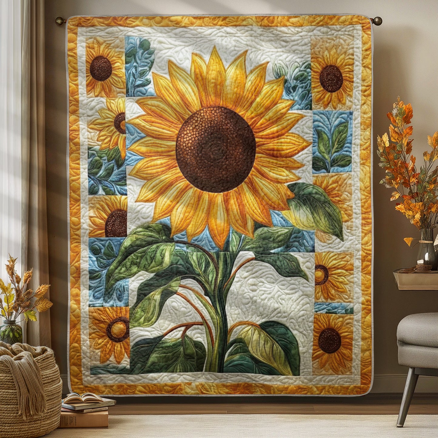 Shineful Flat Print Faux Quilt Blanket - Sunlit Sunflower