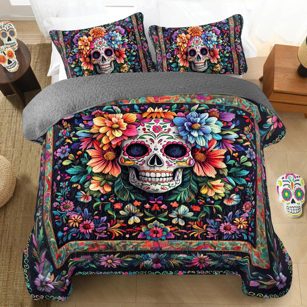 Shineful All Season Quilt 3-teiliges Set Sugar Skull Blossom