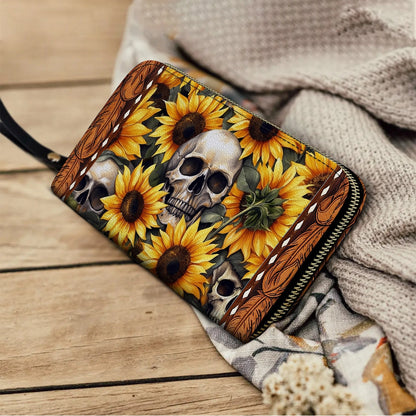 Shineful Leather Clutch Purse With Wristlet Strap Handle Sunflower Skull