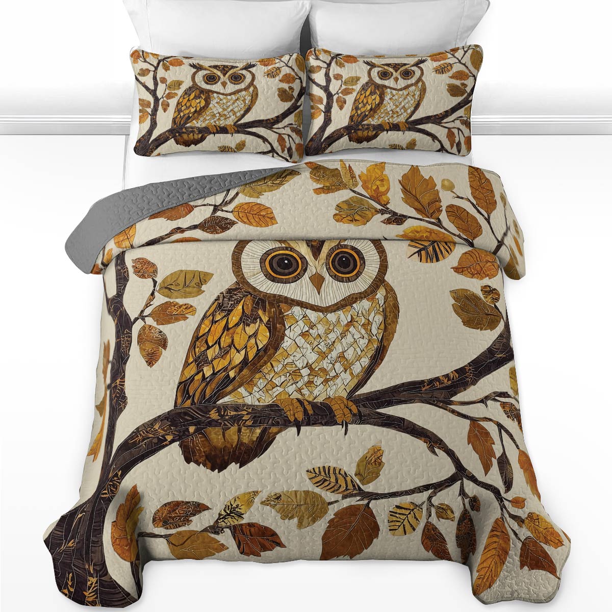 Shineful All Season Quilt 3-Piece Set - Golden Autumn Owl